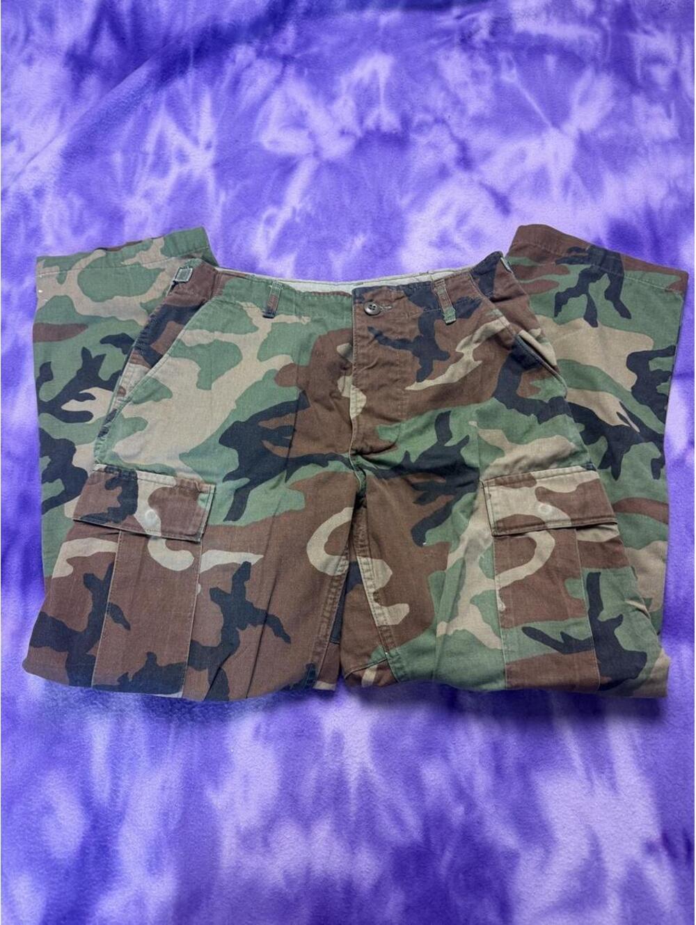 Military camo army fatigues pants distressed and worn